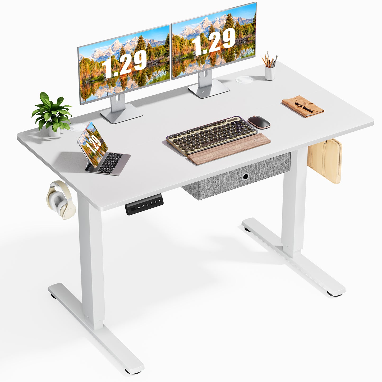 Ergonomic White Standing Desk with Storage Drawer and Adjustable Height, 48 x 24 Inches