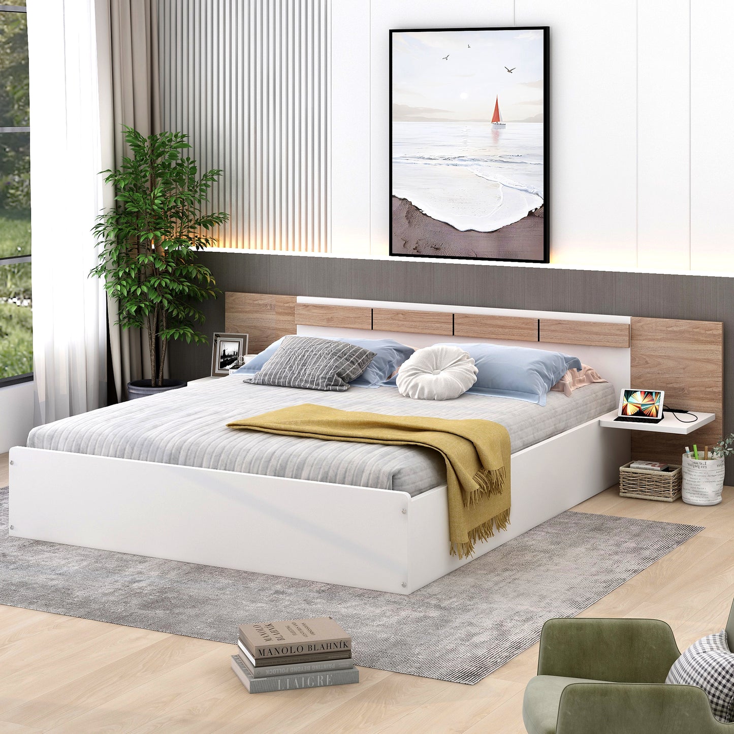 Queen Size Platform Bed with Headboard, Shelves, USB Ports and Sockets, White