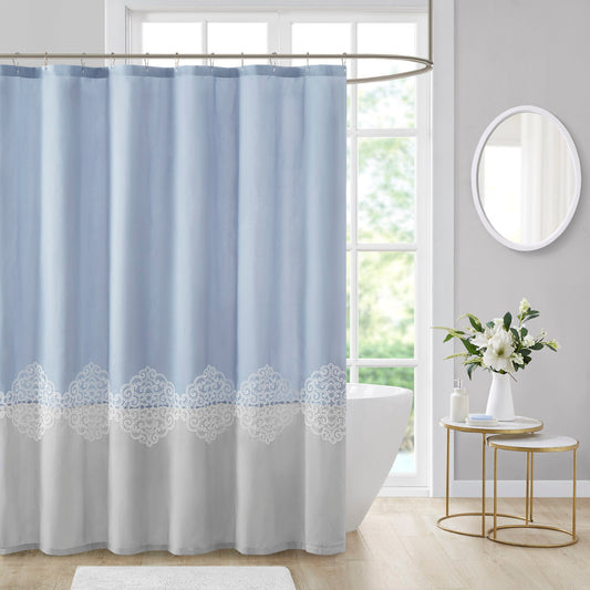 Blue and Grey Embroidered Shower Curtain