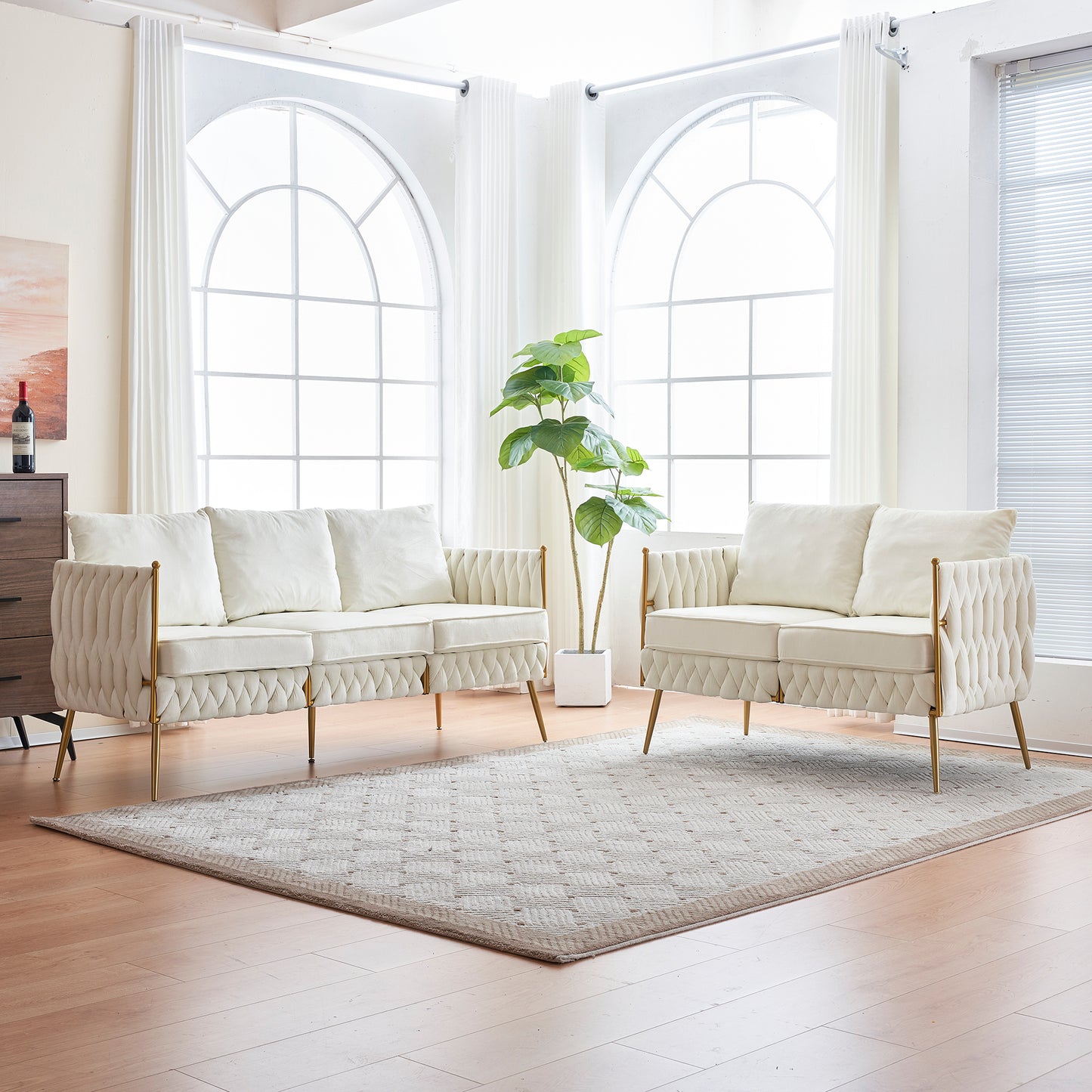 Handmade Woven Velvet Sofa Set with Metal Frame for Living Room, Cream White Velvet