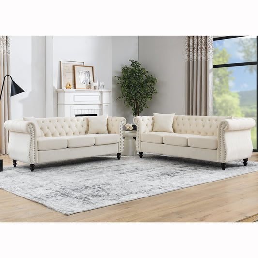 Beige Velvet Chesterfield 3-Seater Sofa Set