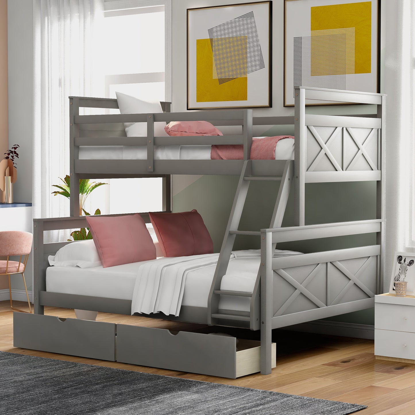 Versatile Gray Twin over Full Bunk Bed with Storage Drawers, Guardrail, and Ladder