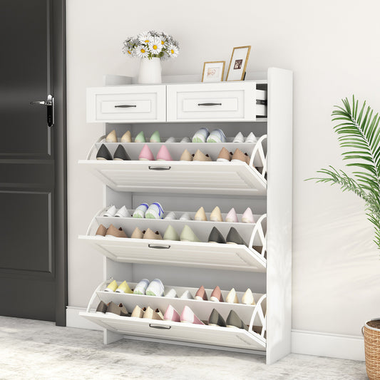 White color shoe cabinet  with 3 doors 2 drawers,PVC door with shape ,large space for storage