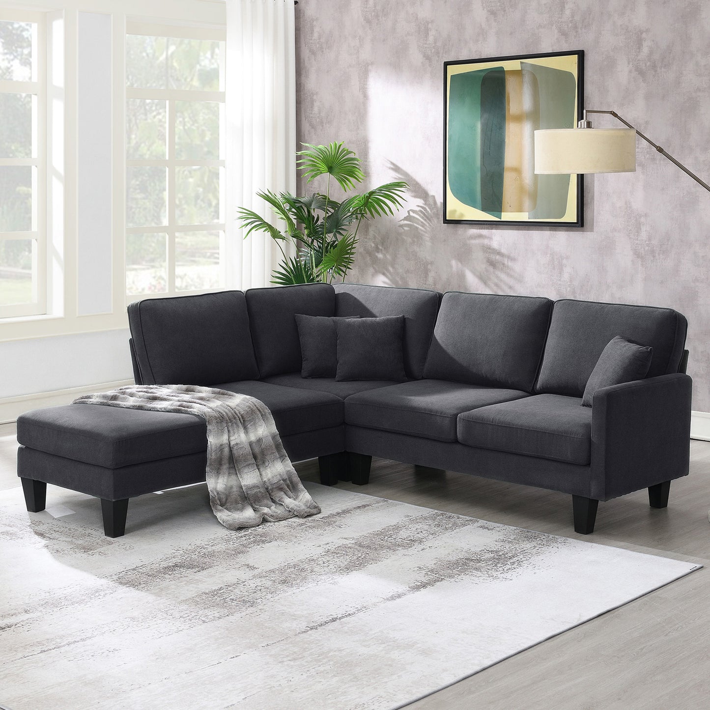 Terrycloth L-Shaped Sectional Sofa with Chaise Lounge and 3 Pillows