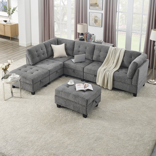 Modular L-Shaped Sectional Sofa Set with Grey Chenille Upholstery