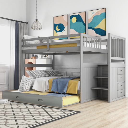 Gray Stairway Full-Over-Full Bunk Bed with Twin Trundle and Storage