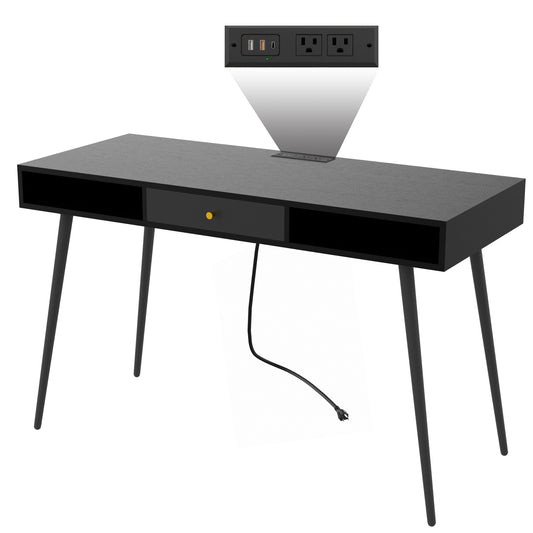 Sleek Black Mid Century Desk with USB Ports, Power Outlet, and Drawers