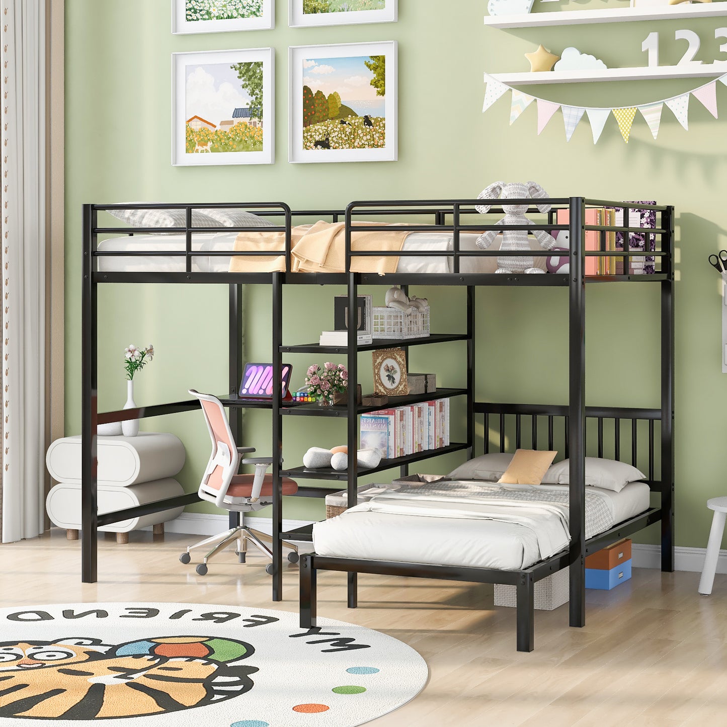 Black Metal Bunk Bed with Desk, Shelves, and Ladder