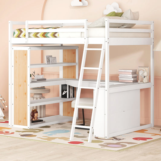 Full Size Loft Bed with Ladder, Shelves, and Desk, White