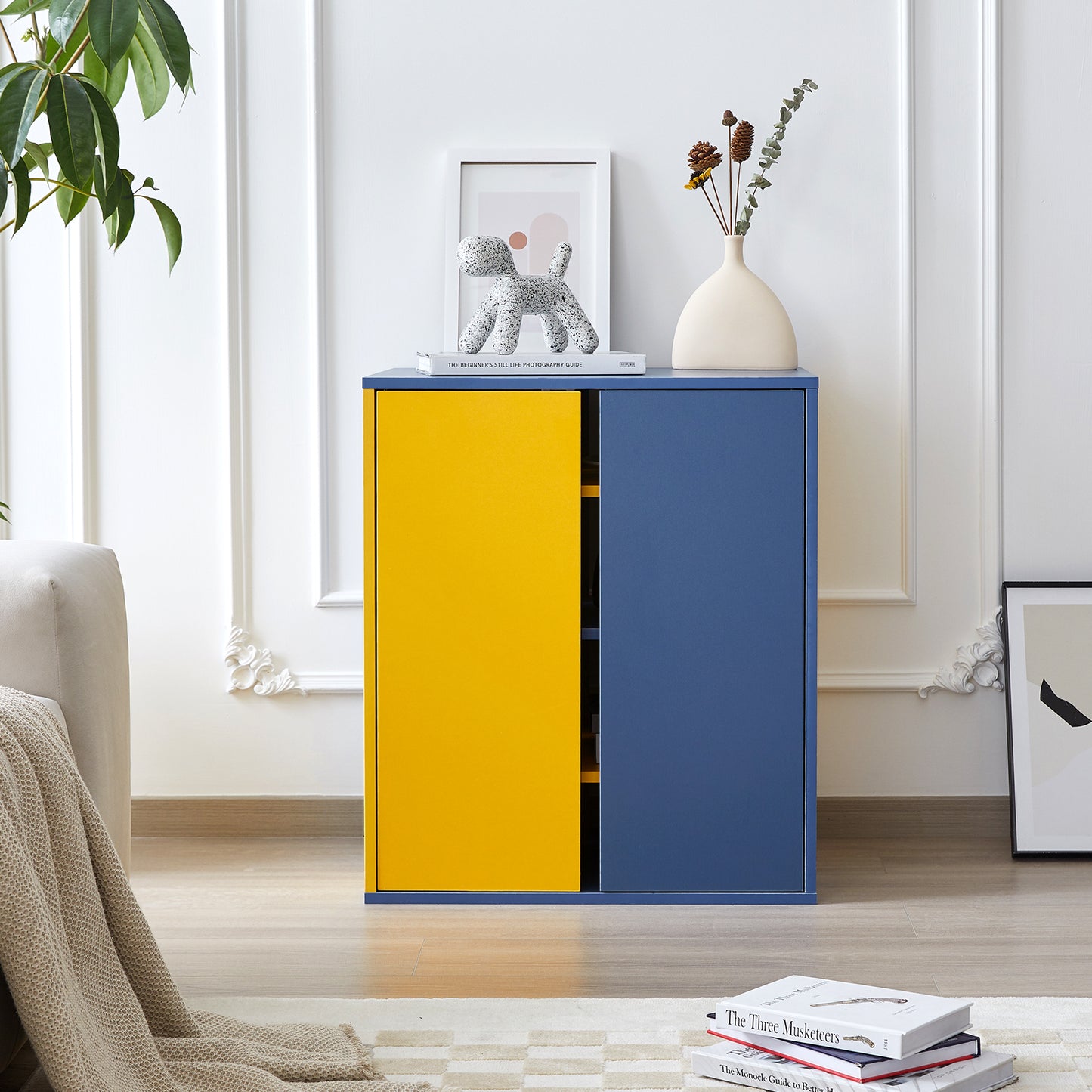 Cabinet for Storage and Coffee Bar, Modern Style, Large Capacity, Yellow & Blue