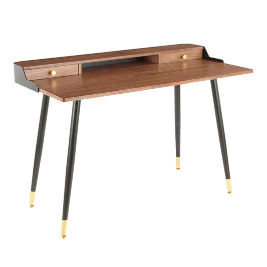 Harvey Mid-Century Modern Desk with Walnut Wood Top and Gold Accents by LumiSource