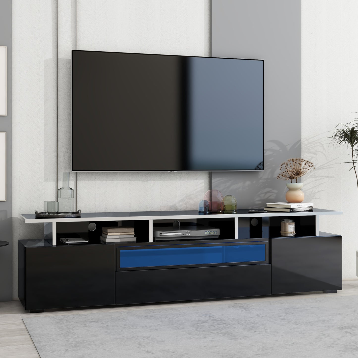 Stylish Black TV Stand with LED Lights and Acrylic Board