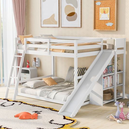 White Full Bunk Bed with Slide, Ladder, and Shelves