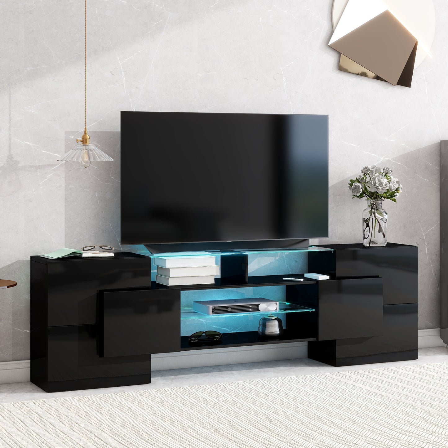 Black High Gloss TV Stand with LED Glass Shelves for TVs Up to 80