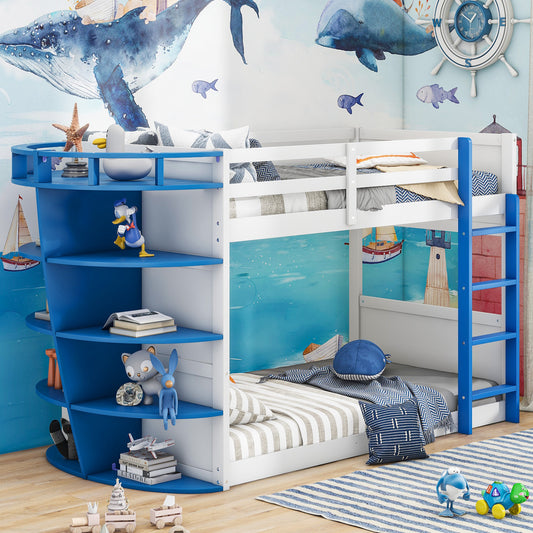 White and Blue Boat-Inspired Twin over Twin Bunk Bed with Storage Shelves