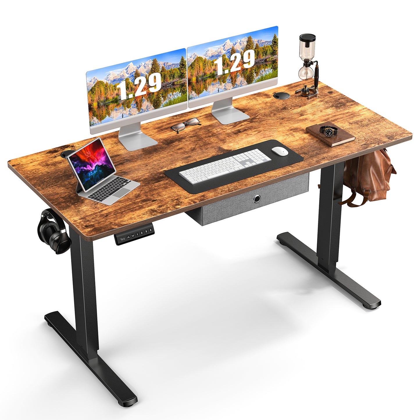 Adjustable Electric Standing Desk with Drawer and Memory Presets in Rustic Brown, 55 x 24 Inches