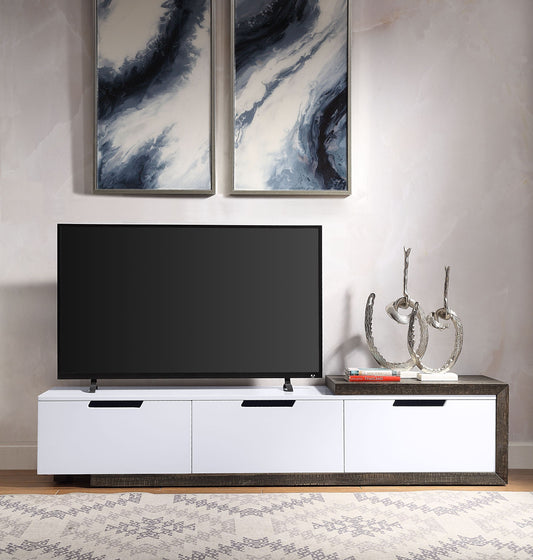 Orion TV Stand in White High Gloss & Rustic Oak with Three Drawers