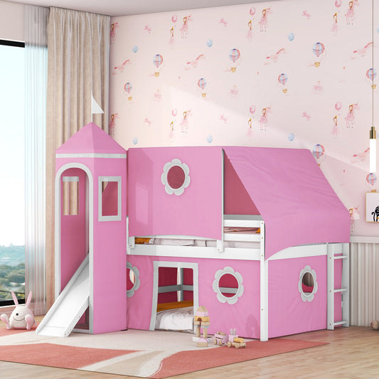 Pink Castle Loft Full Size Bunk Bed with Slide, Tent, and Tower - Enchanting Pink Castle Loft Bed with Slide, Tent, and Tower