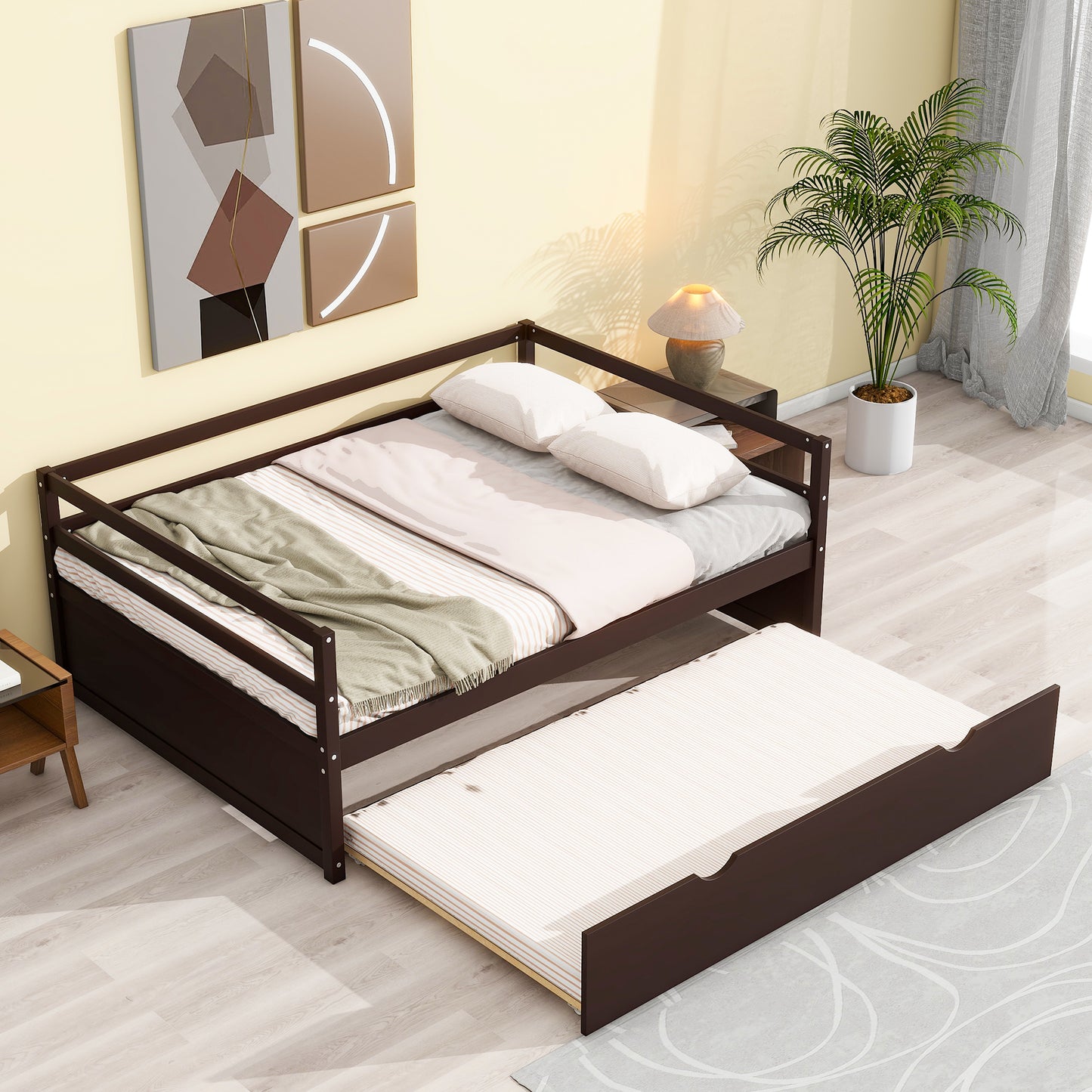 Twin Size Wood Daybed with Twin Size Trundle, Espresso(Expected Arrival Time: 1.7)