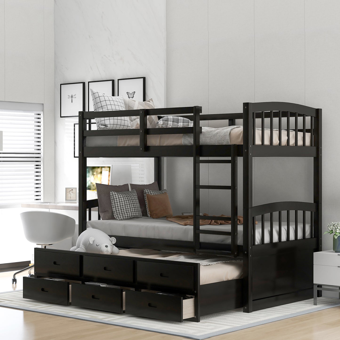 Espresso Twin Wood Bunk Bed with Trundle, Drawers, and Staircase