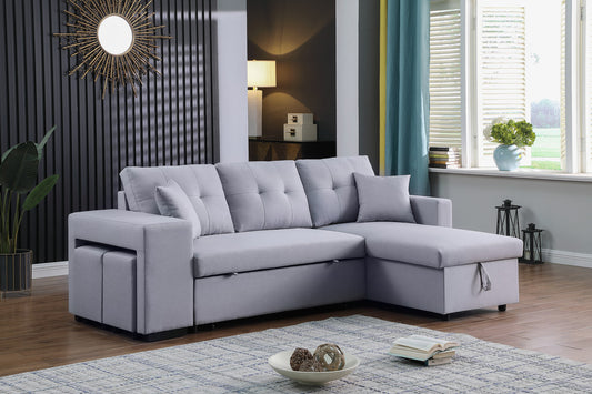 Dennis Light Gray Linen Fabric Reversible Sleeper Sectional with Storage Chaise, Stools, Throw Pillows