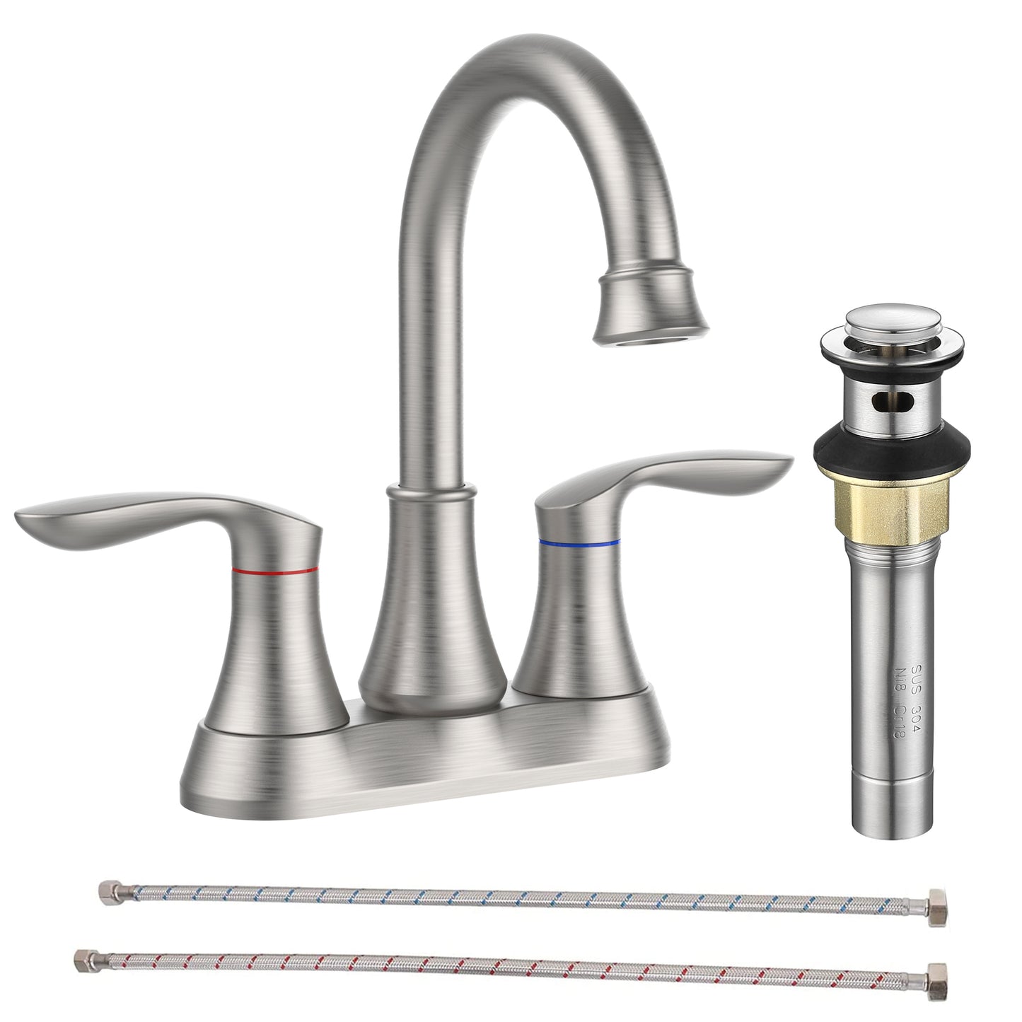 Modern Two-Handle Brushed Nickel Bathroom Sink Faucet with Pop-Up Drain and Supply Hoses