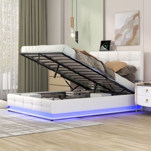 Full Size Tufted Upholstered Platform Bed with Hydraulic Storage System,PU Storage Bed with LED Lights and USB charger, White(Expected Arrival Time: 5.15,AT)