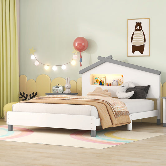 Full Size Wood Platform Bed with House-shaped Headboard and Motion Activated Night Lights (White+Gray)