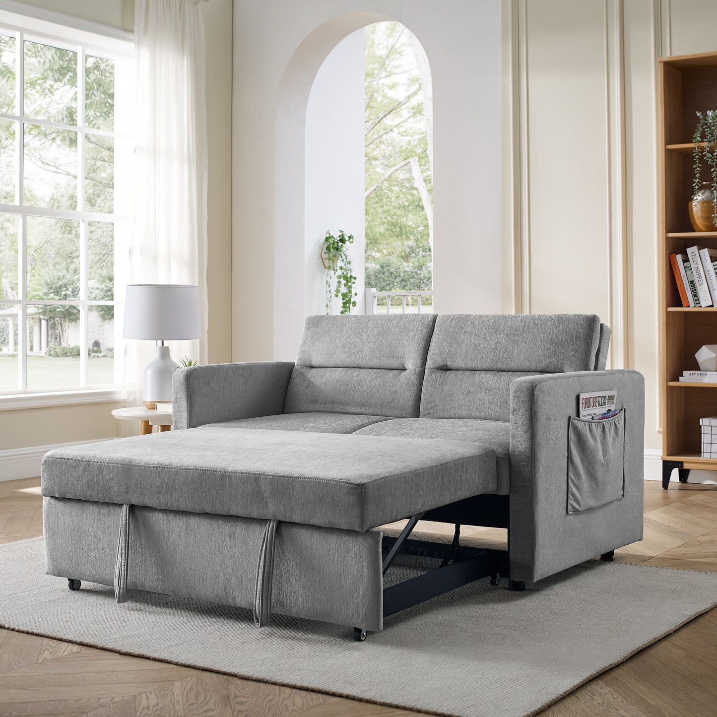 Loveseats Sofa Bed with Pull-out Bed, Adjsutable Back and Two Arm Pocket,Grey