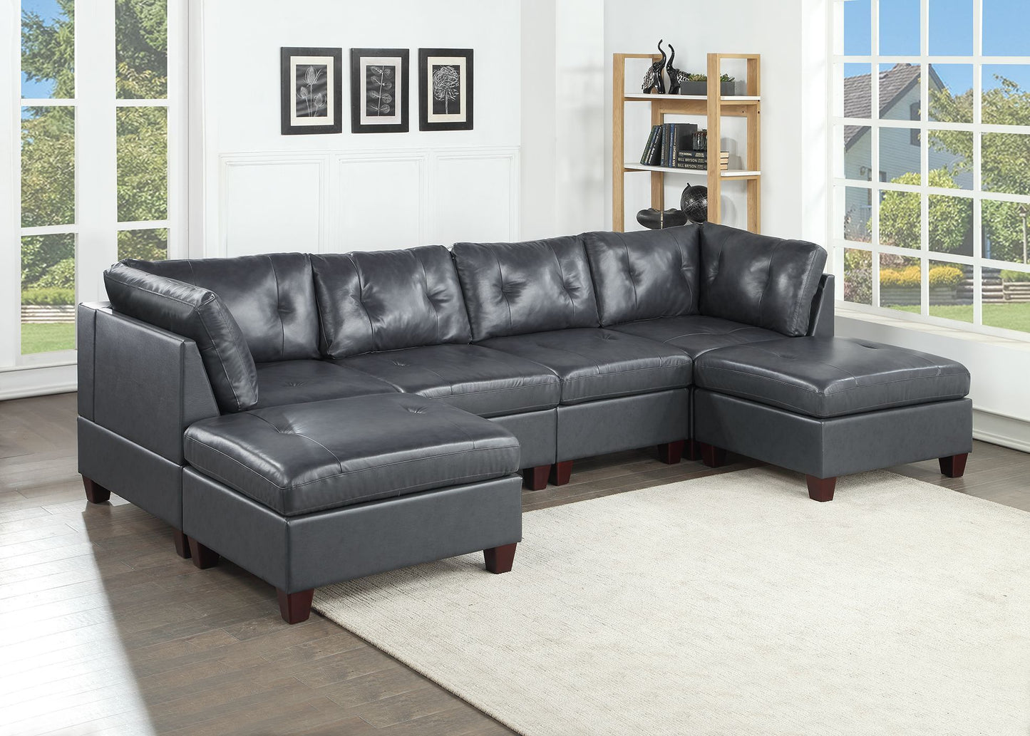 Elegant Black Genuine Leather Tufted 6pc Sectional Set with Ottoman