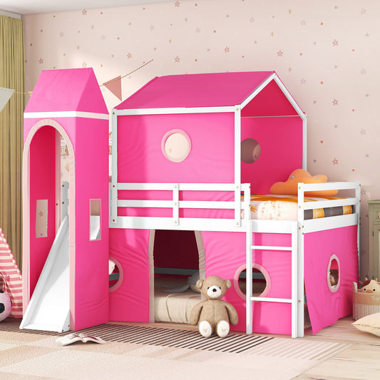 Pink Castle Loft Bed with Slide Tower