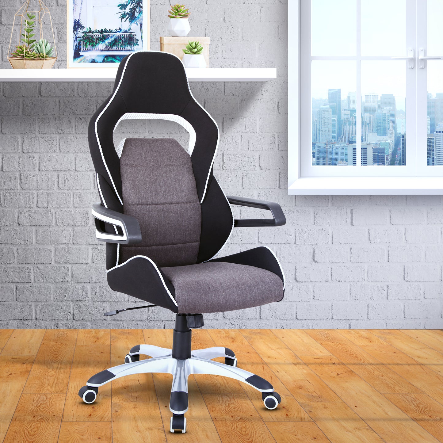 Ergonomic Upholstered Racing Style Home & Office Chair, Grey/Black