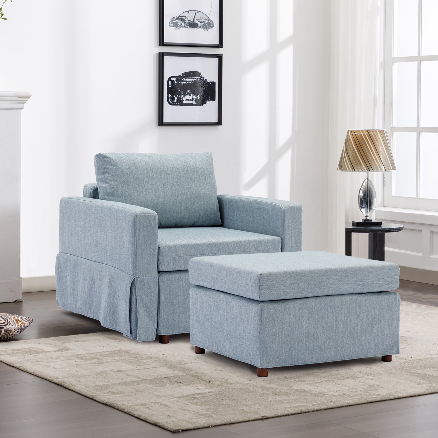 Single Seat Module Sofa Sectional Couch With 1 Ottoman,Cushion Covers Removable and Washable,Light Blue