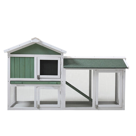 Large Wooden Rabbit Hutch Indoor and Outdoor Bunny Cage with a Removable Tray and a Waterproof Roof, Grey Green+White