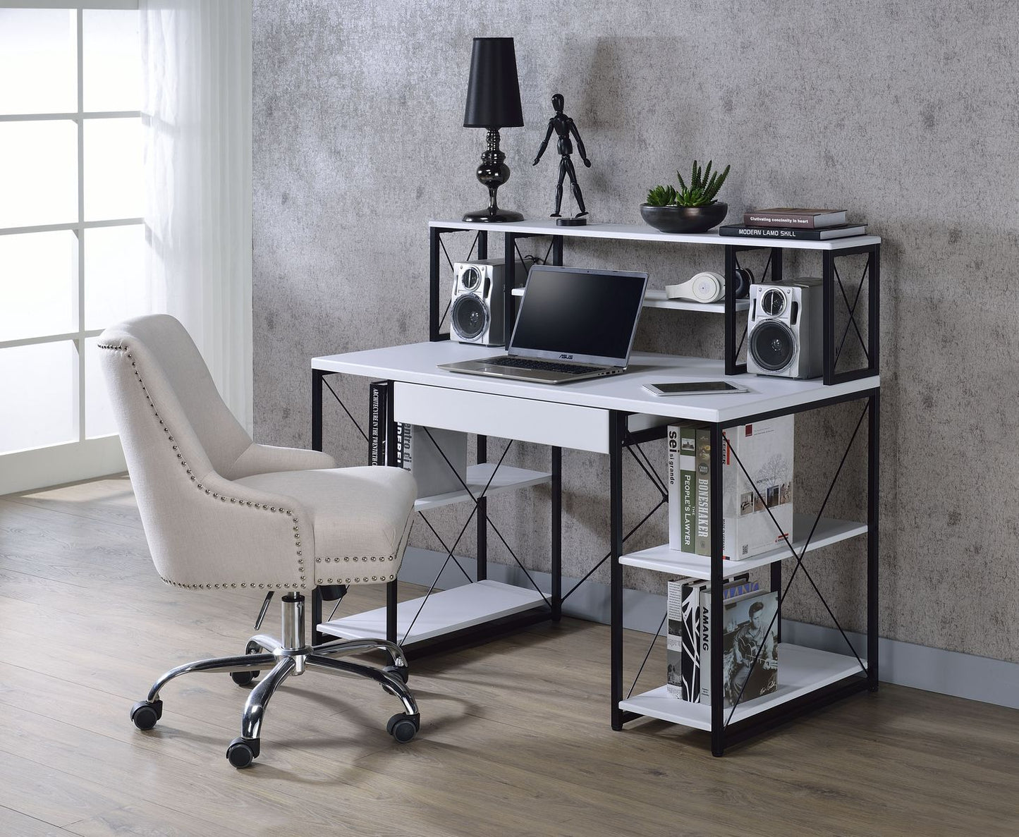 Modern Music Recording Studio Desk with White & Black Finish and Ample Storage