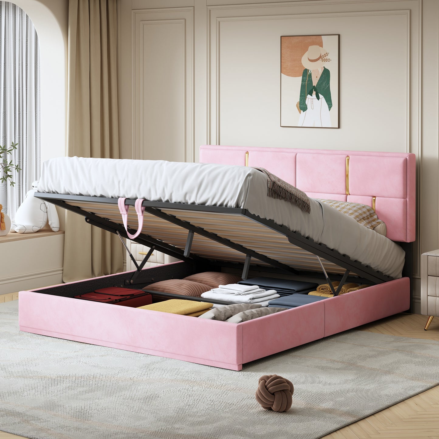 Queen Size Upholstered Platform Bed with Hydraulic Storage System,No Box Spring Needed,Pink