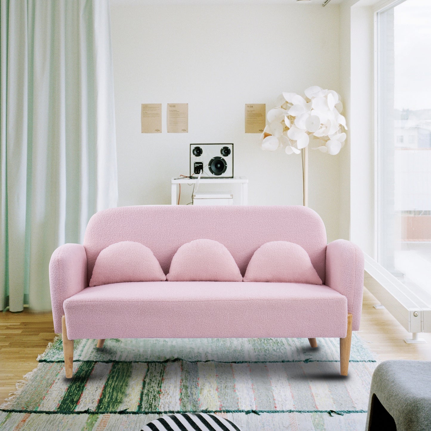 59.1 Pink Teddy Velvet Two-Seater Sofa with Three Lumbar Pillows