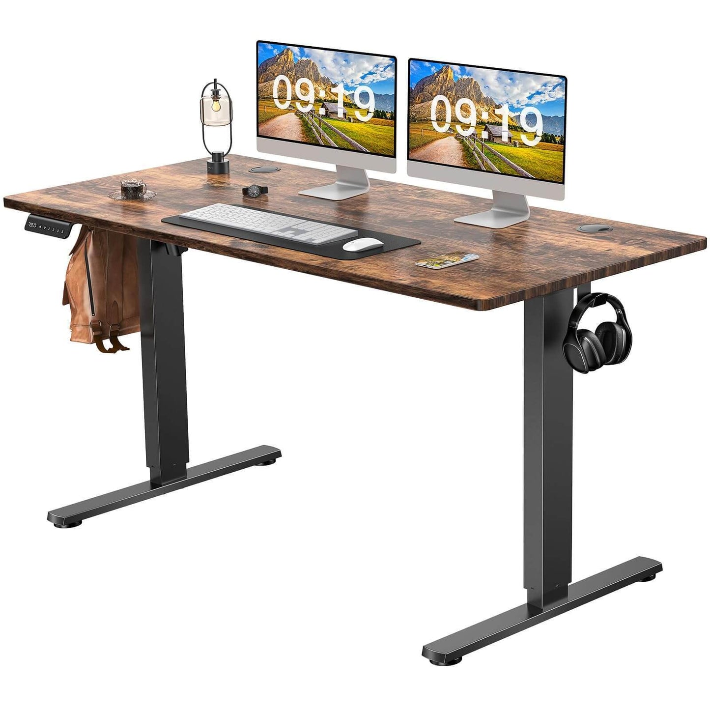 Height-Adjustable Brown Electric Standing Desk with Cable Management, 55'' x 24''