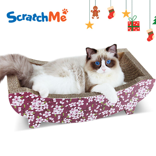 ScratchMe Cat Scratching Post Lounge Bed , Boat Shape Cat Scratcher Cardboard, Durable Recycle Board Pads Prevents Furniture Damage