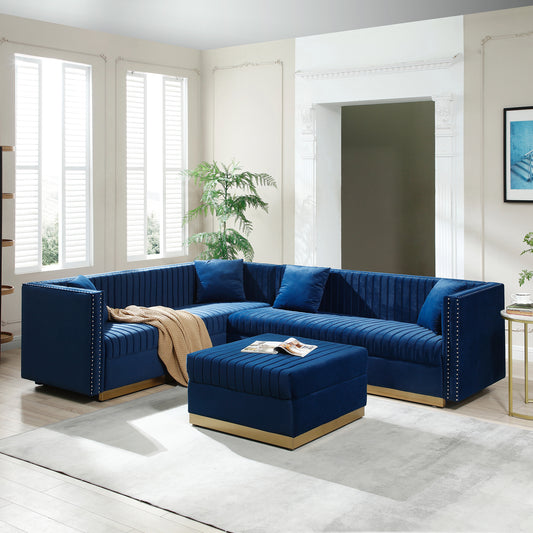 Blue Velvet L-shaped Sectional Sofa with Ottoman and 4 Pillows for Modern Living Rooms