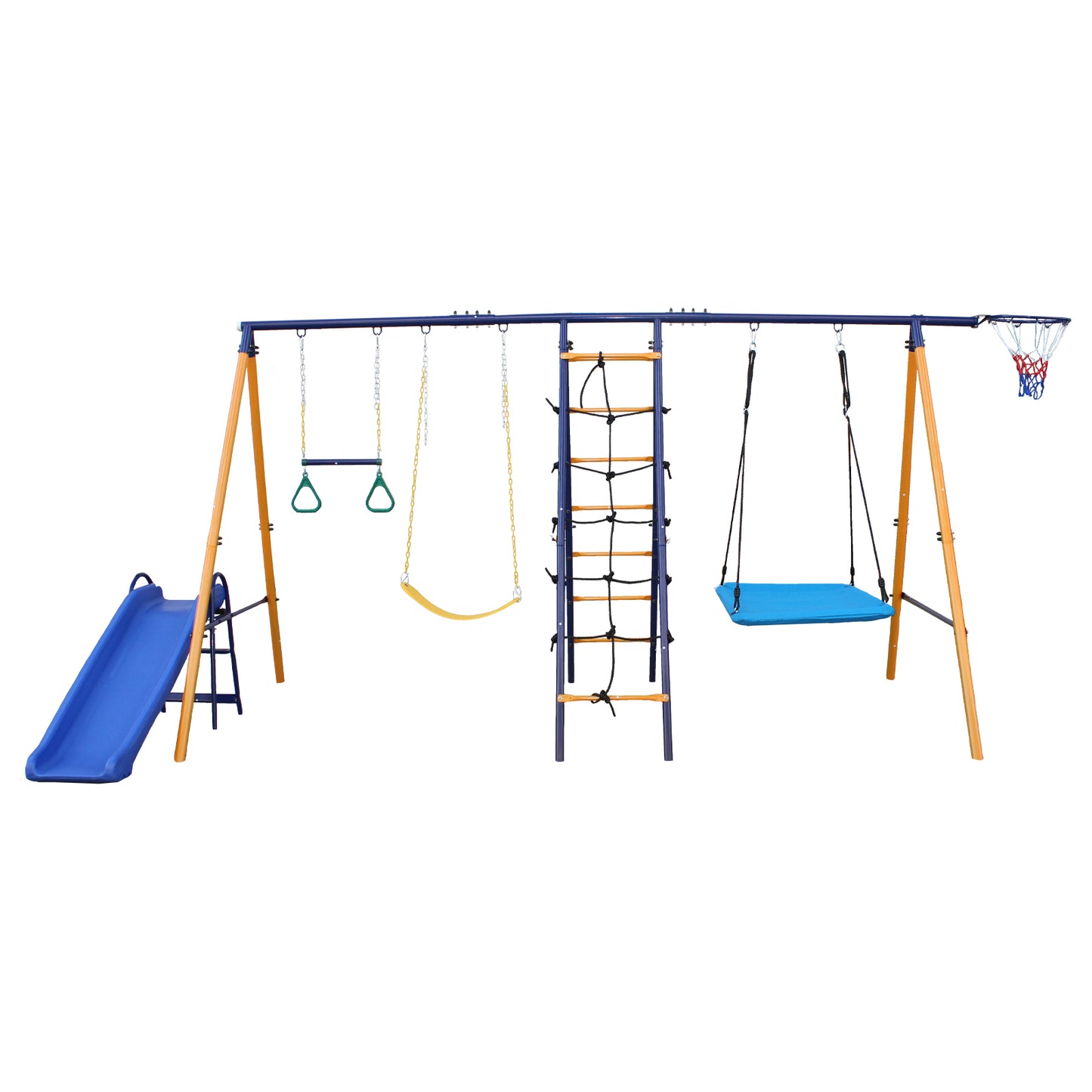 Outdoor 7 in 1 Heavy-Duty Metal Swing Set for Kids - A-Frame with Slide, 2 Swing Seats, Climbing Net, Ladder, Gym Ring, Basket