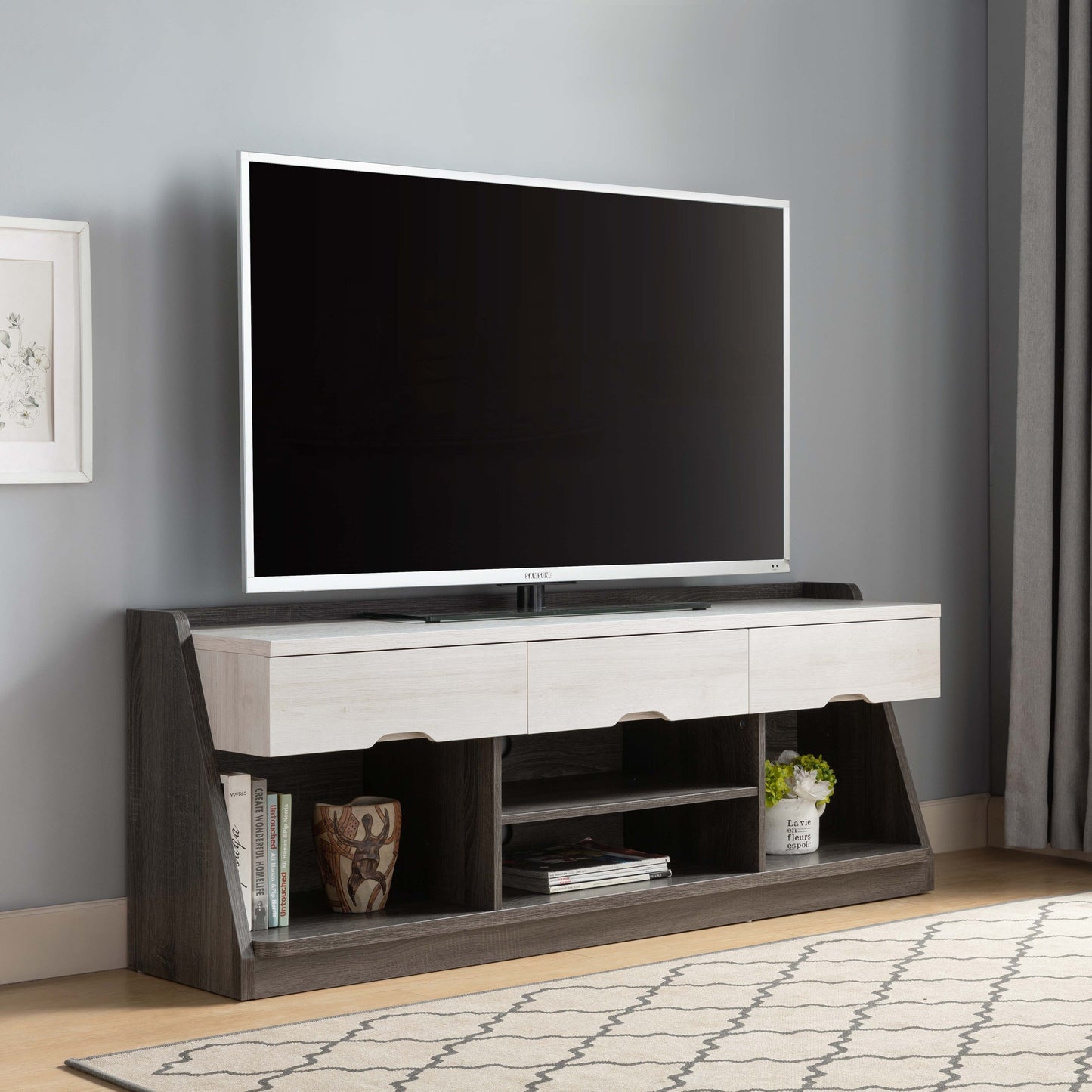 White Oak and Distressed Gray TV Stand with Storage and Elegant Design