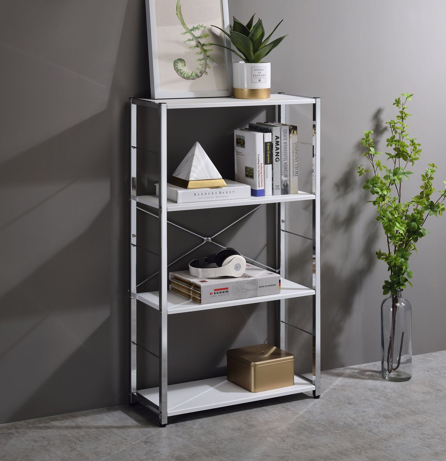 Tennos Bookshelf, White & Chrome Finish 93192