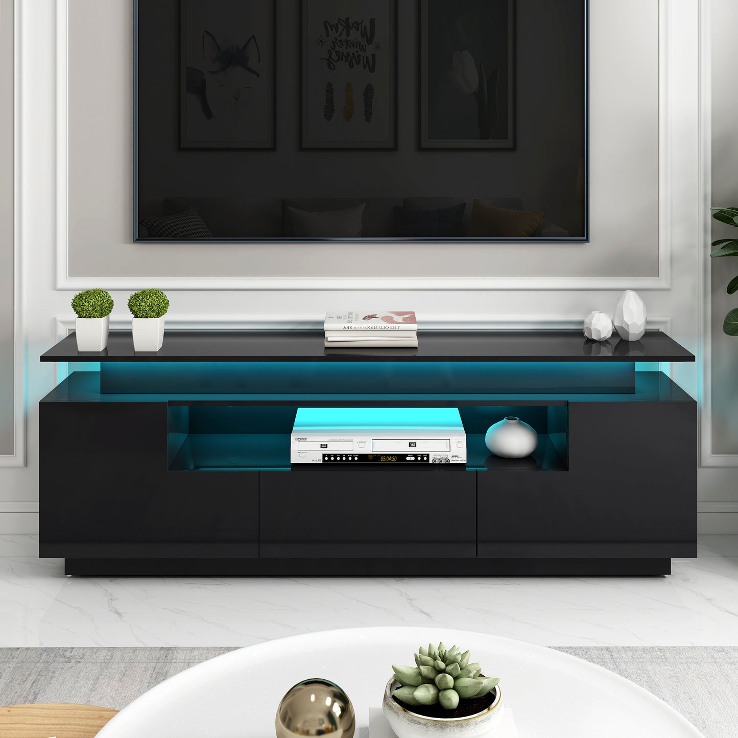 Sleek Entertainment Center with Color Changing LED Lights for 75+ inch TV, Black High Gloss TV Cabinet