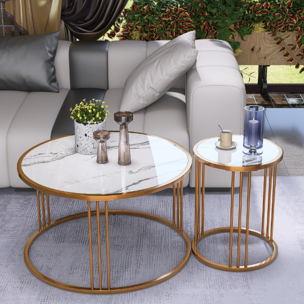 Golden Slate Coffee Table Set of 2: Modern Round Coffee Tables with Steel Frame For Living Room