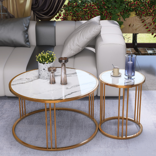 Golden Slate Coffee Table Set of 2: Modern Round Coffee Tables with Steel Frame For Living Room