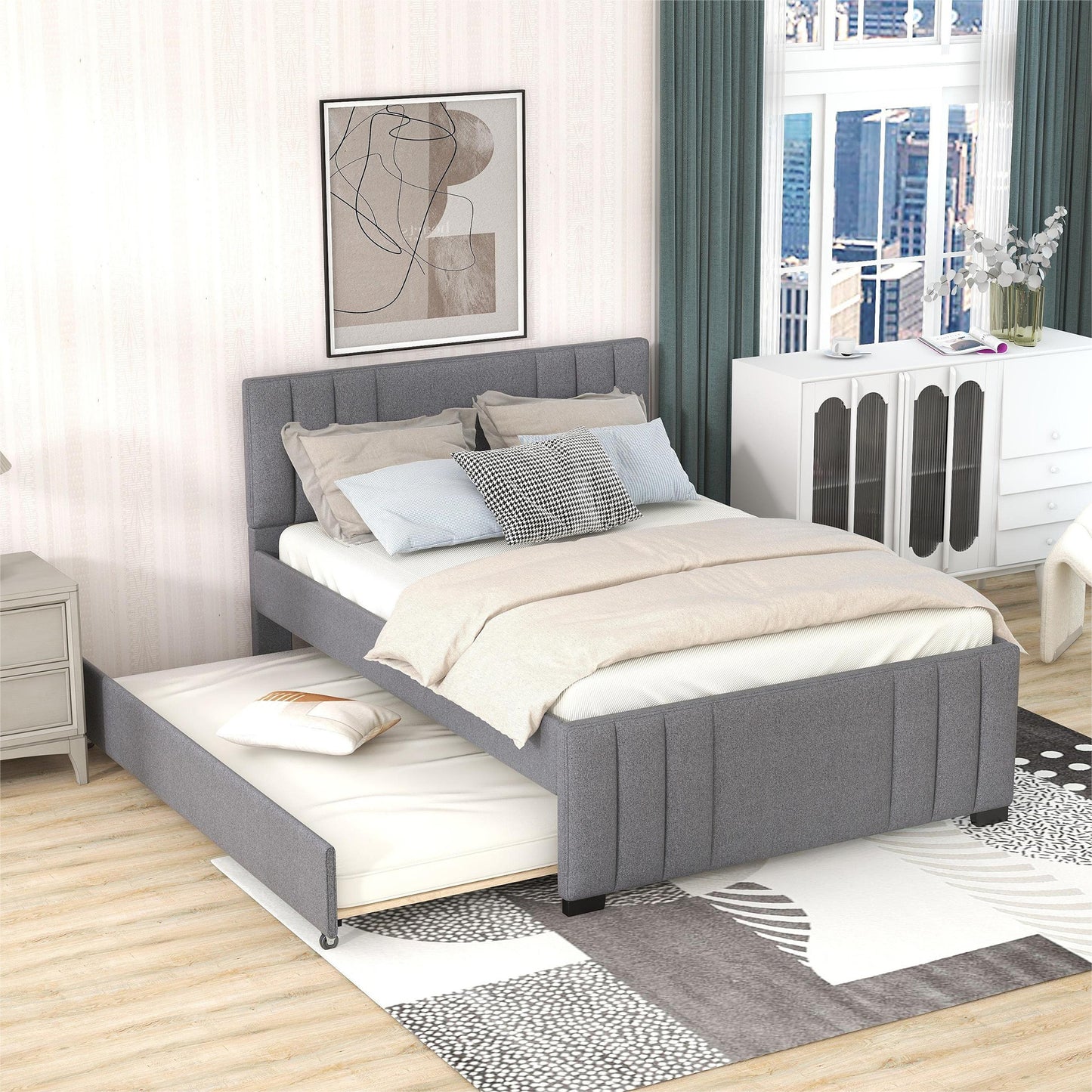 Full Upholstered Platform Bed with Trundle,Grey