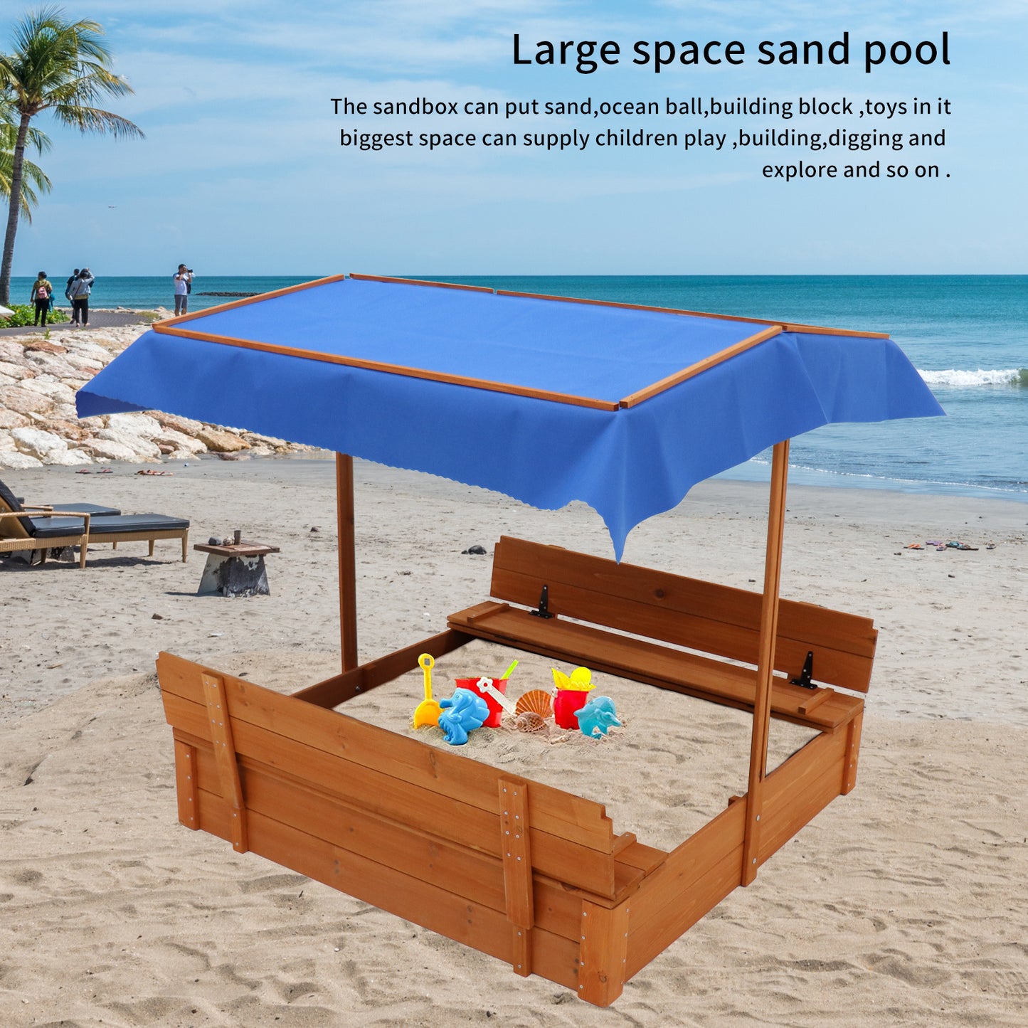 Wooden Sandbox with Adjustable Canopy and Bench Seats for Children 3-8 Years Old