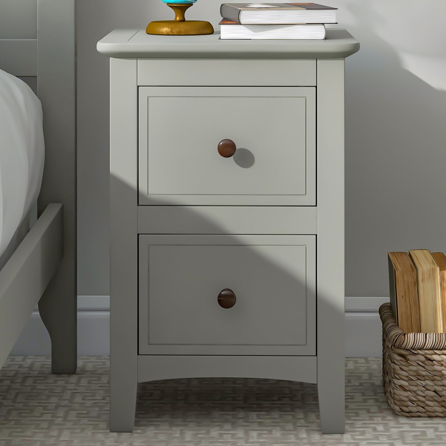 2 Drawers Solid Wood Nightstand End Table, Gray