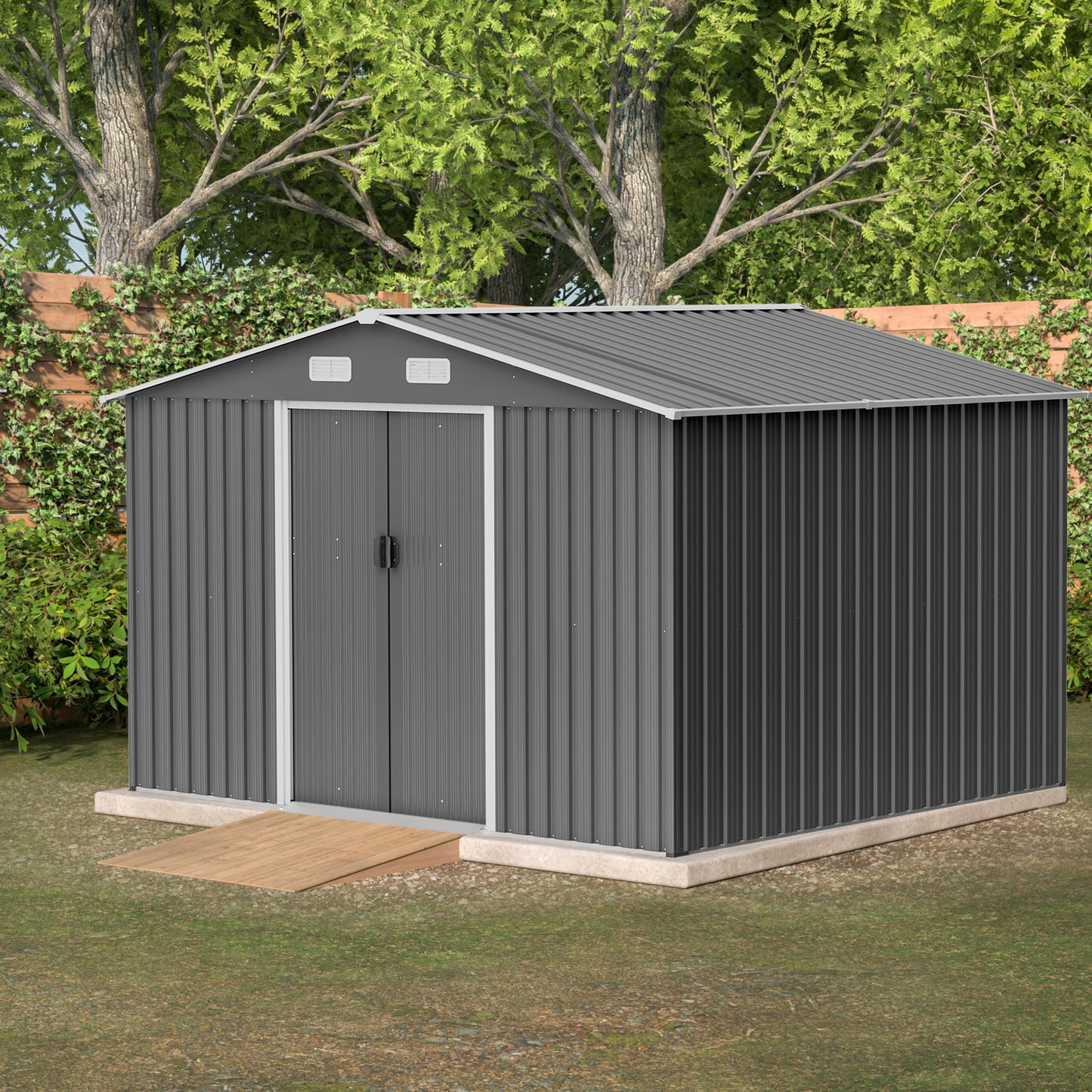 10X8 FT Outdoor Storage Shed, All Weather Metal Sheds with Metal Foundation & Lockable Doors, Tool Shed for Garden, Patio, Backyard, Lawn, Grey